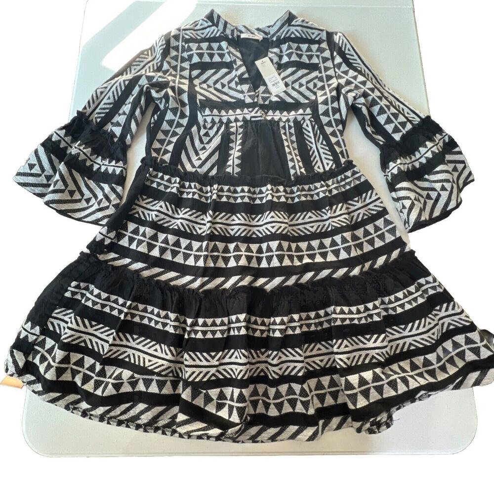 Francesca’s Mi Ami Tiered Black White Dress Size Small Cotton Flared Boho NWT - Picture 8 of 8